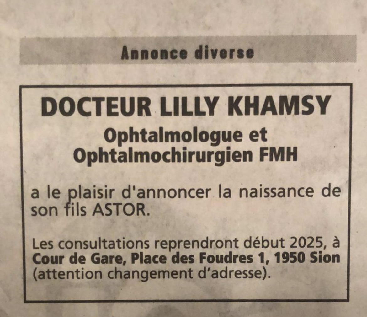 Annonce dans le journal le Nouvelliste de la naissance du fils de la Dr med. Lilly Khamsy